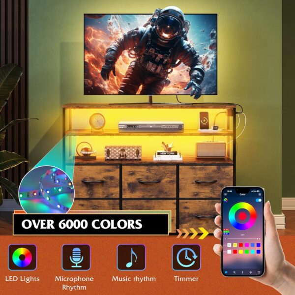 WLIVE Led Dresser TV Stand for Bedroom, Entertainment Center with LED Lights and Power Outlet, 6 Drawer Dressers with Double Open Shelves, Rustic Brown TV Stands