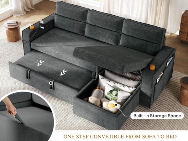 YITAHOME 85" Sleeper Sofa, Convertible Sofa Bed Couch with Pullout Bed for Living Room, L-Shaped Sectional Sofa with Cup Holder Phone Holder USB Ports, 2 Pillows and Side Pocket, Dark Grey