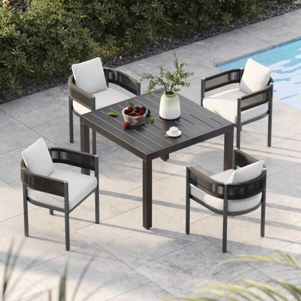 Grand patio 5-Piece Outdoor Dining Set for 4 with 1 Rectangle Expandable Table for 4-6 Person, Metal Woven Wicker Fixed Patio Chairs with Thickened Cushions for Yard, Poolside (Black)