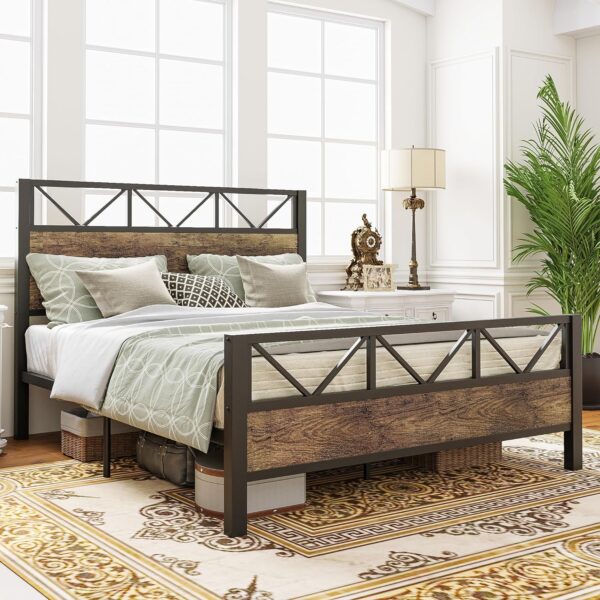 LIKIMIO Queen Bed Frame, Tall Industrial Headboard 51.2 ", Platform Bed Frame with Strong Metal Support, Solid and Stable, Noise Free, No Box Spring Needed, Easy Assembly, Vintage Brown, Rustic Maple