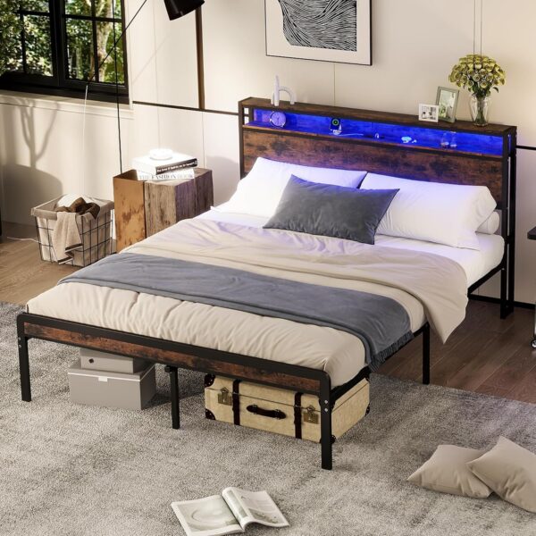 Bellemave Queen Size Bed Frame with Charging, Queen Size Bed Frame with Headboard and Charging Station, Brown Platform Bed Frame with Led Lightstation, No Box Spring Needed, (Queen,Rustic Brown)