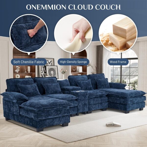 U Shaped Cloud Couch Sectional, 124" Comfy Fluffy Chenille Dark Blue Sectional Couches for Living Room with Double Chaise Lounge, Modern Modular Sectional Sofa with Central Console USB Port
