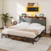 DWVO Queen Size Bed Frame, Platform Bed Frame with Charging Station, Upholstered Storage Headboard Metal Bed Frame with USB Ports, No Box Spring Needed, Under Bed Storage, Easy Assembly, Rustic Brown
