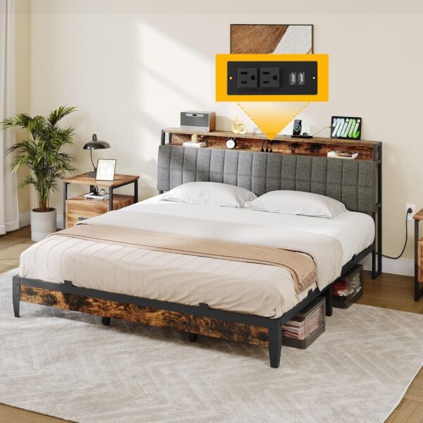 DWVO Queen Size Bed Frame, Platform Bed Frame with Charging Station, Upholstered Storage Headboard Metal Bed Frame with USB Ports, No Box Spring Needed, Under Bed Storage, Easy Assembly, Rustic Brown