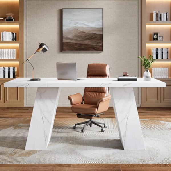 Tribesigns Modern Executive Desk, 63" Wooden Faux Marble Computer Desk with Base for Writing, White Large Simple Rectangular Workstation for Office, Conference, Meeting Room, Business Furniture & Home