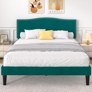 VECELO Full Bed Frame Platform Bed Frame with Upholstered Headboard, Strong Frame and Wooden Slats Support, Strong Weight Capacity, Non-Slip and Noise-Free, Easy Assembly,Dark Green