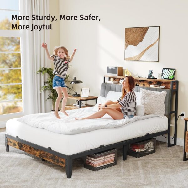 DWVO Queen Size Bed Frame, Platform Bed Frame with Charging Station, Upholstered Storage Headboard Metal Bed Frame with USB Ports, No Box Spring Needed, Under Bed Storage, Easy Assembly, Rustic Brown