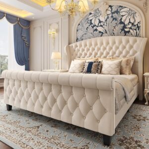 HISOFT Queen Platform Bed Frame, 52.5" Tall Velvet Upholstered Sleigh Bed with Scroll Wingback Headboard & Footboard/Button Tufted/Easily Assemble/No Box Spring Needed, Light Beige