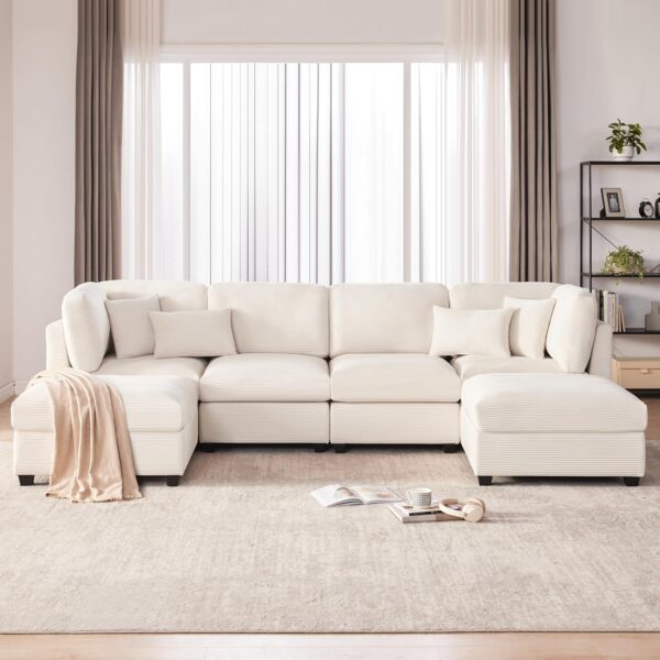 125 Inch Oversized Corduroy Modular Sectional Sofa, U Shaped Modular Couch with Storage, 6 Seat Convertible Corduroy Couch, Comfy Sectional Couches for Living Room with Memory Foam, Beige