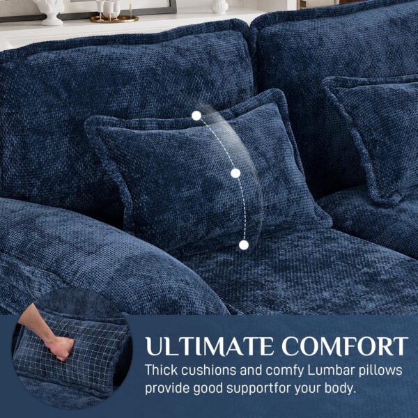 U Shaped Cloud Couch Sectional, 124" Comfy Fluffy Chenille Dark Blue Sectional Couches for Living Room with Double Chaise Lounge, Modern Modular Sectional Sofa with Central Console USB Port