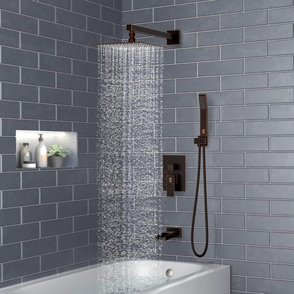 SR SUN RISE 12 Inches All Metal Bathtub Faucet Set Shower System with Tub Spout Square Rain Shower Head and Handheld Combo Shower Fixtues, Modern Valve and Trim Kit, Oil-Rubbed Bronze