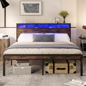 Bellemave Queen Size Bed Frame with Charging, Queen Size Bed Frame with Headboard and Charging Station, Brown Platform Bed Frame with Led Lightstation, No Box Spring Needed, (Queen,Rustic Brown)