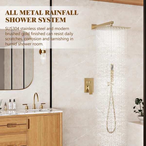 Alesco Shower System, Gold Shower Faucet Set with 10-Inch High-Pressure Rainfall Showerheads and Handheld Spray combo, Showerfixture Include Valve and Trim Kit, Brushed Gold