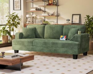 Homall 83” Sofas for Living Room, Comfy Couch with USB and Type-C Port, 3 Seater Sofa with 2 Pillows and Cup Holders for Apartment, Small Space, Corduroy (Green)