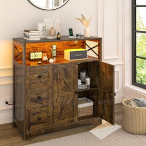 Yoobure Storage Cabinet with Doors and Shelves, LED Coffee Bar Cabinet with Power Outlet, Farmhouse Kitchen Buffet Cabinet with Drawers Accent Pantry Cabinet Sideboard for Living Room Entryway