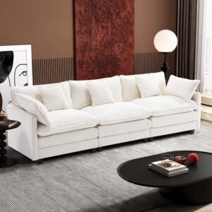 Ihanherry 111.4 Inch 3-Seater Cloud Sofa, Modular Sectional Couch, Modern Deep Seat Sofa for Living Room, Comfy Double Layer Upholstered Seat Cushion, Breathable Chenille Fabric, Beige