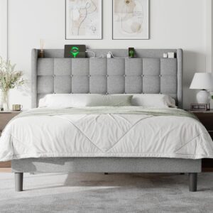 Feonase Queen Bed Frame with Charging Station, Upholstered Platform Bed Frame with Wingback Storage Headboard, No Box Spring Needed, Easy Assembly, Light Grey