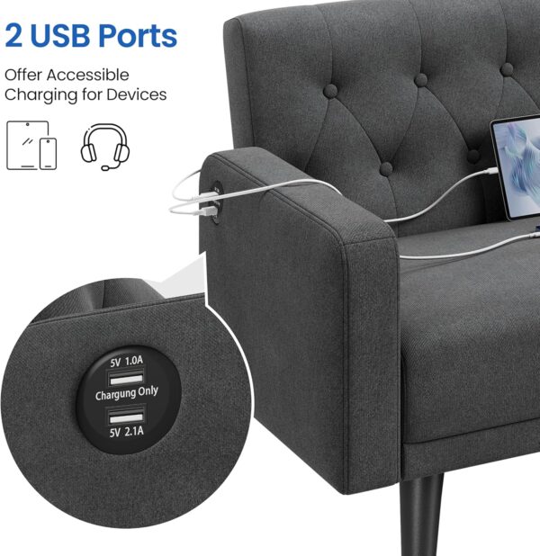 Yaheetech 63” Convertible Couch Sofa Bed with 2 USB, Reclining Futon Sleeper with Adjustable Backrest & Removable Armrests, Mid Century Modern Loveseat for Living Room, Apartment, Office Dark Gray