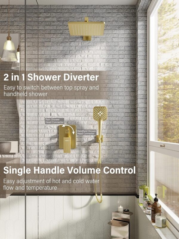 Gabrylly Shower System Gold, Pressure Balance Shower Faucet Set with High Pressure 10" Rain Head and 3-Setting Handheld Spray, 2 Way Valve Kit, Brushed Gold