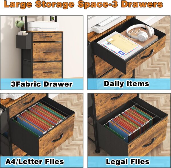 3 Drawer Tall File Cabinet with Charging Station, 4-Tier Filing Cabinet with Adjustable Shelf, Fabric Drawer, File Cabinet for Home Office, Fits A4/Letter/Legal, Rustic Brown, 69''H