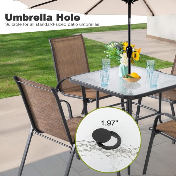 NUU GARDEN 5 Piece Outdoor Dining Set, 4 All Weather Outdoor Textilene Patio Chairs and 32" Square Tempered Glass Dining Table with 1.97" Umbrella Hole, for Backyard, Patio, Garden, Brown and Black