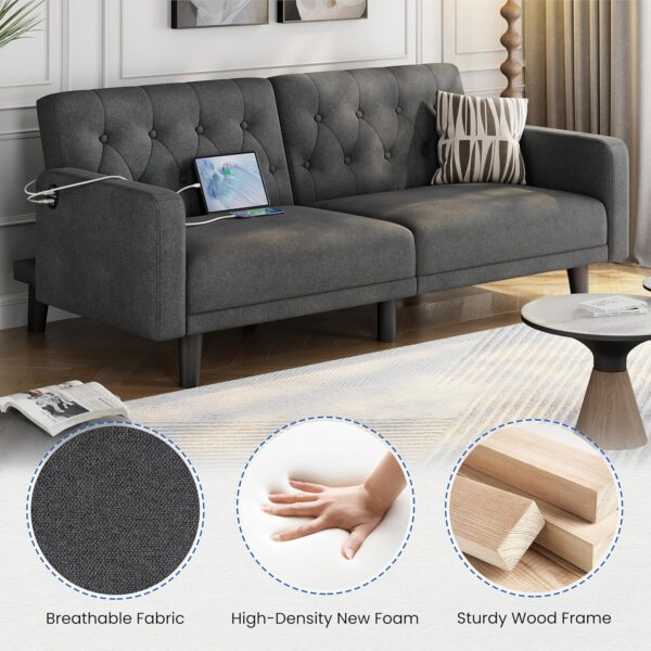 Yaheetech 63” Convertible Couch Sofa Bed with 2 USB, Reclining Futon Sleeper with Adjustable Backrest & Removable Armrests, Mid Century Modern Loveseat for Living Room, Apartment, Office Dark Gray