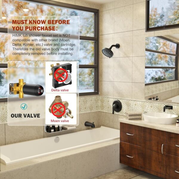 Tub Shower Faucet Set - Tub and Shower Faucet Set with 5.5 inch Rain Shower Head, Single Handle Shower Trim Kit, Bathtub Faucet Shower System with Shower Valve, Matte Black