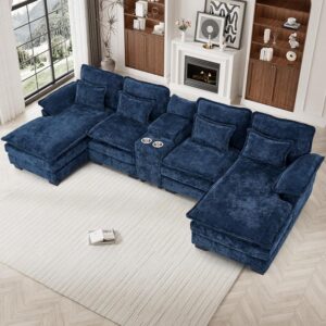 U Shaped Cloud Couch Sectional, 124" Comfy Fluffy Chenille Dark Blue Sectional Couches for Living Room with Double Chaise Lounge, Modern Modular Sectional Sofa with Central Console USB Port