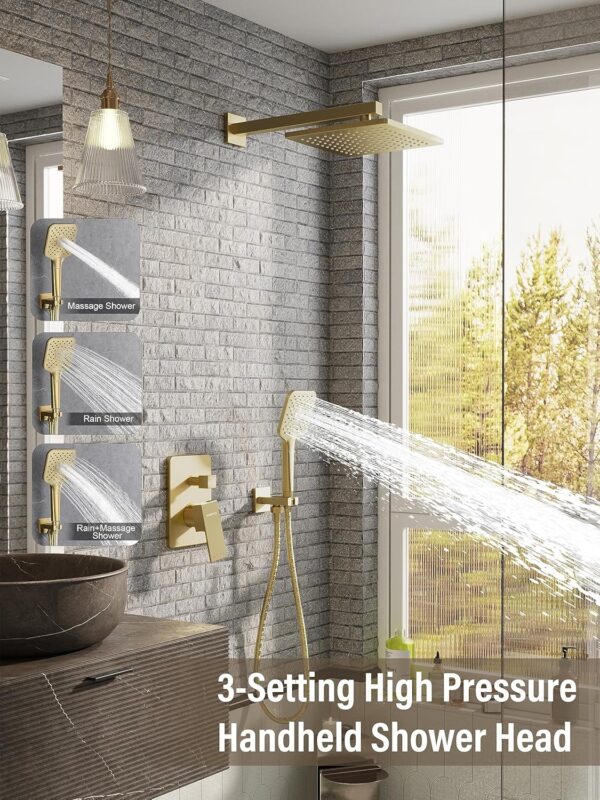 Gabrylly Shower System Gold, Pressure Balance Shower Faucet Set with High Pressure 10" Rain Head and 3-Setting Handheld Spray, 2 Way Valve Kit, Brushed Gold