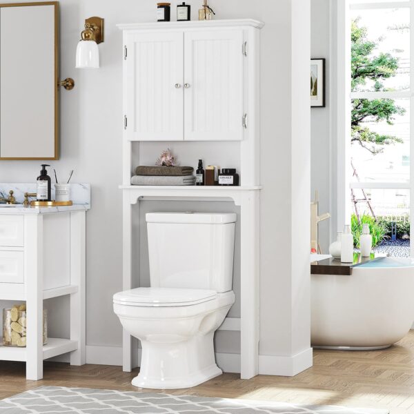 UTEX Bathroom Storage Over The Toilet, Cabinet Organizer with Adjustable Shelves and Double Doors, Wood Space Saver, White