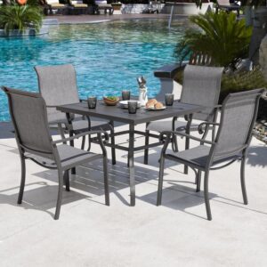 NUU GARDEN Outdoor Patio Dining Set 5 Piece Furniture Set Including Square Outdoor Dining Table with 1.57" Umbrella Hole and 4 Gray Textilene Chairs for Garden, Patio and Poolside Backyards