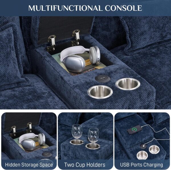 U Shaped Cloud Couch Sectional, 124" Comfy Fluffy Chenille Dark Blue Sectional Couches for Living Room with Double Chaise Lounge, Modern Modular Sectional Sofa with Central Console USB Port