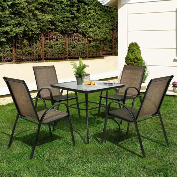 NUU GARDEN 5 Piece Outdoor Dining Set, 4 All Weather Outdoor Textilene Patio Chairs and 32" Square Tempered Glass Dining Table with 1.97" Umbrella Hole, for Backyard, Patio, Garden, Brown and Black