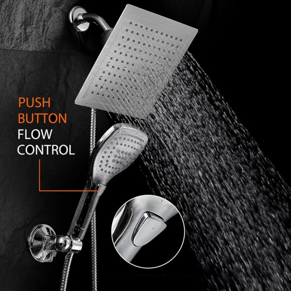 Dream Spa Ultra-Luxury 9" Rainfall Shower Head/Handheld Combo. Convenient Push-Button Flow Control Button for easy one-handed operation. Switch flow settings with the same hand! Premium Chrome