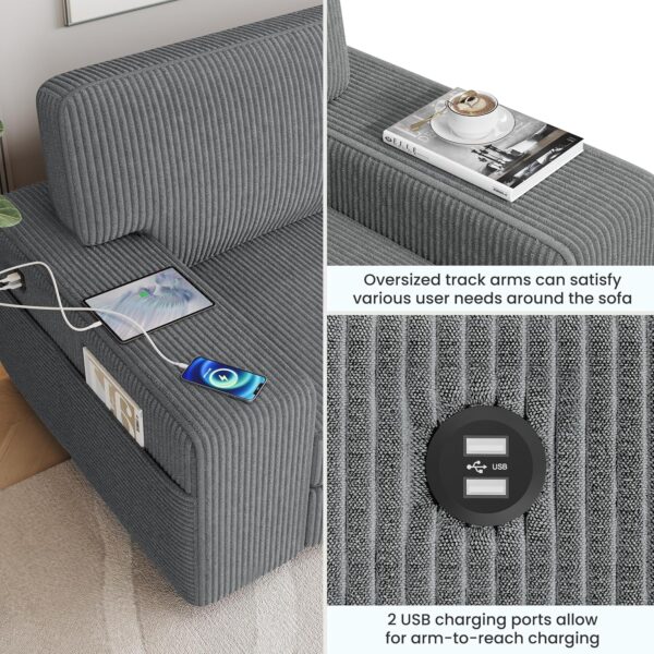 Yaheetech Sofa Modern Sofa Couch 2 Seater Corduroy Fabric Sofa with USB Charging Ports & Side Storage Pockets for Living Room Apartment, Dark Gray
