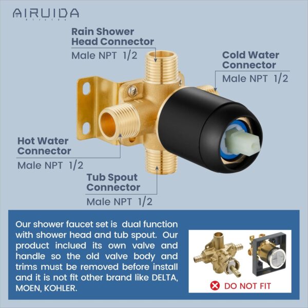 Airuida Shower Faucet Set with Tub Spout Bathtub Faucet Kit Shower Tub Faucet Set Complete Tub Shower Trim Kit with Solid Brass Rough-in Valve and 6 Inch Rainfall Square Showerhead Matte Black
