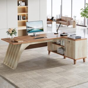Tribesigns L-Shaped Executive Desk, 78.74" Large Computer Office Desk with Drawer and Lateral File Cabinet, Home Business Workstation Set with Storage Shelves, Walnut & Oak