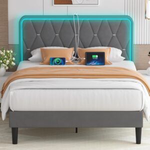 VECELO Upholstered Queen Bed Frame with Headboard Adjustable, Velvet Platform Bed with LED Lights, Charging Station, Mattress Foundation with Wooden Slats, Noise Free, No Box Spring Needed, Grey
