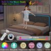 VECELO Upholstered Queen Bed Frame with Headboard Adjustable, Velvet Platform Bed with LED Lights, Charging Station, Mattress Foundation with Wooden Slats, Noise Free, No Box Spring Needed, Grey
