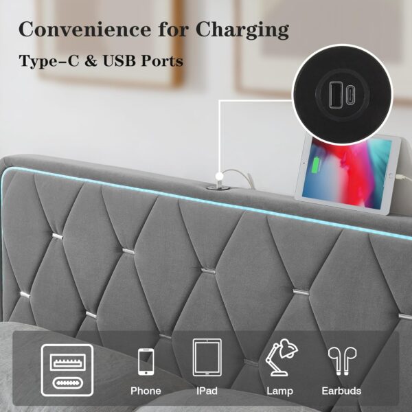 VECELO Upholstered Queen Bed Frame with Headboard Adjustable, Velvet Platform Bed with LED Lights, Charging Station, Mattress Foundation with Wooden Slats, Noise Free, No Box Spring Needed, Grey