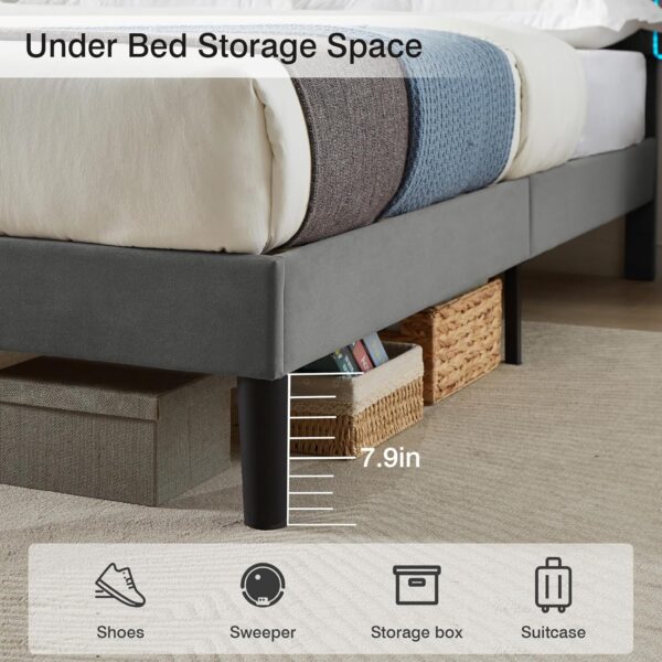 VECELO Upholstered Queen Bed Frame with Headboard Adjustable, Velvet Platform Bed with LED Lights, Charging Station, Mattress Foundation with Wooden Slats, Noise Free, No Box Spring Needed, Grey