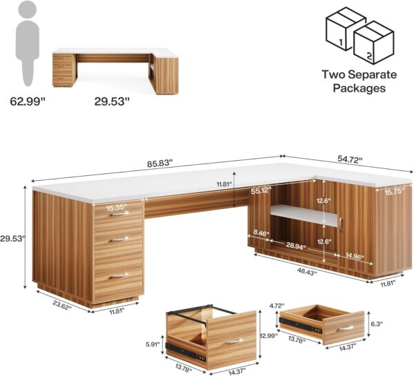 Tribesigns 85.8-Inch L-Shaped Executive Desk with File Drawers, Door Cabinet & Shelves, Extra Large Commercial Office Desk, Modern Professional Office Table, White & Brown Business Furniture