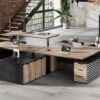 78.74IN Adjustable Heigh L Shaped Executive Desk with Drawers, Modern Executive Standing Home Office Desk w/Universal Charging Ports, Large Business Workstation, Black and Warm Oak