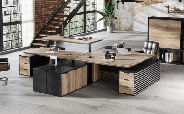 78.74IN Adjustable Heigh L Shaped Executive Desk with Drawers, Modern Executive Standing Home Office Desk w/Universal Charging Ports, Large Business Workstation, Black and Warm Oak