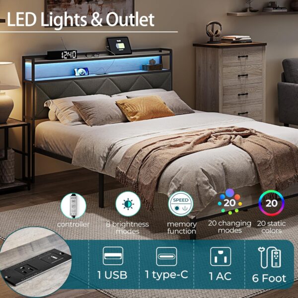 LINSY Queen Bed Frame with Storage Headboard, Upholstered Platform Frame with LED and Charging Station, Metal Queen Size Bed Frames, No Box Spring Needed, Easy Assembly, Rustic Grey
