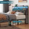 LINSY Queen Bed Frame with Storage Headboard, Upholstered Platform Frame with LED and Charging Station, Metal Queen Size Bed Frames, No Box Spring Needed, Easy Assembly, Rustic Grey
