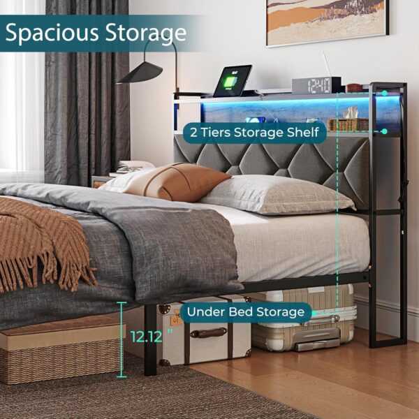 LINSY Queen Bed Frame with Storage Headboard, Upholstered Platform Frame with LED and Charging Station, Metal Queen Size Bed Frames, No Box Spring Needed, Easy Assembly, Rustic Grey
