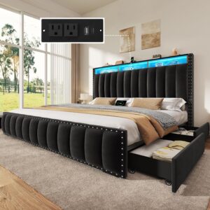 DWVO Queen Size Bed Frame with 4 Storage Drawers and RGB LED Lights, Velvet Upholstered Platform Bed with Charging Station and Bookcase Storage Headboard, No Box Spring Needed, Easy Assembly, Black