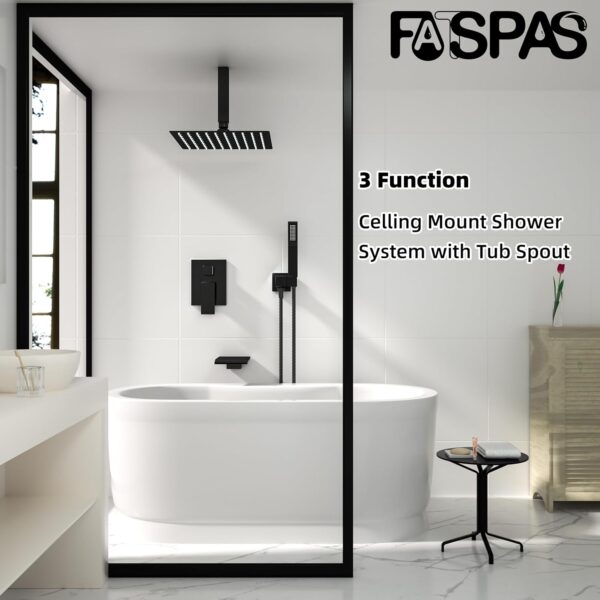 10 Inch Ceiling Mount Shower System with Tub Spout, 10 Inch Shower Faucet Set with Rain Shower Head High Pressure Handheld Spray Rough-in Valve and Shower Trim Included, Matte Black
