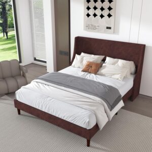 Chenoa Tufted Upholstered Platform Bed Frame with Linen Height Headboard, Wood slats, No Box Spring Needed Easy Assembly (Burgundy Queen)